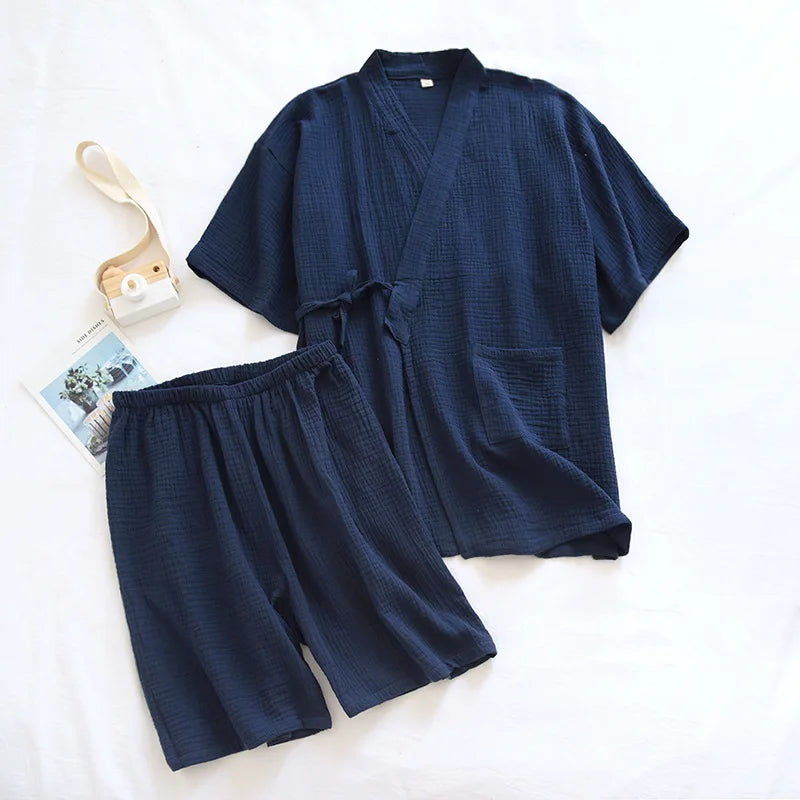 Summer Japanese Couples Pajamas Thin Cotton Gauze Crepe Short Sleeve Shorts Kimono Men and Women Home Clothes 2 Piece Sleepwear