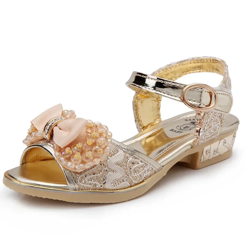 Sapatos de Princesa de Menina, Sapatos de Salto Alto, Sapatos de Verão, Sandálias de Praia de Lantejoulas Casuais para Crianças, Antiderrapantes, Sapatos de Festa e Casamento de Bico Aberto para Crianças Pequenas