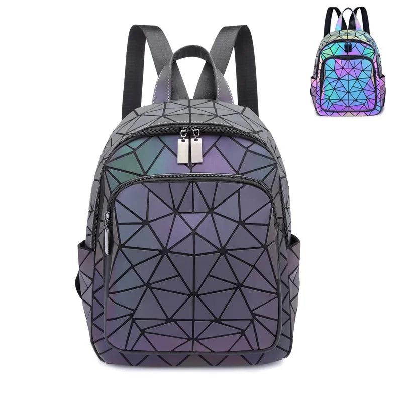 Mochila luminosa feminina em PVC holográfico, geométrica, para meninas adolescentes, mochila escolar, mochila feminina, para viagem, de ombro