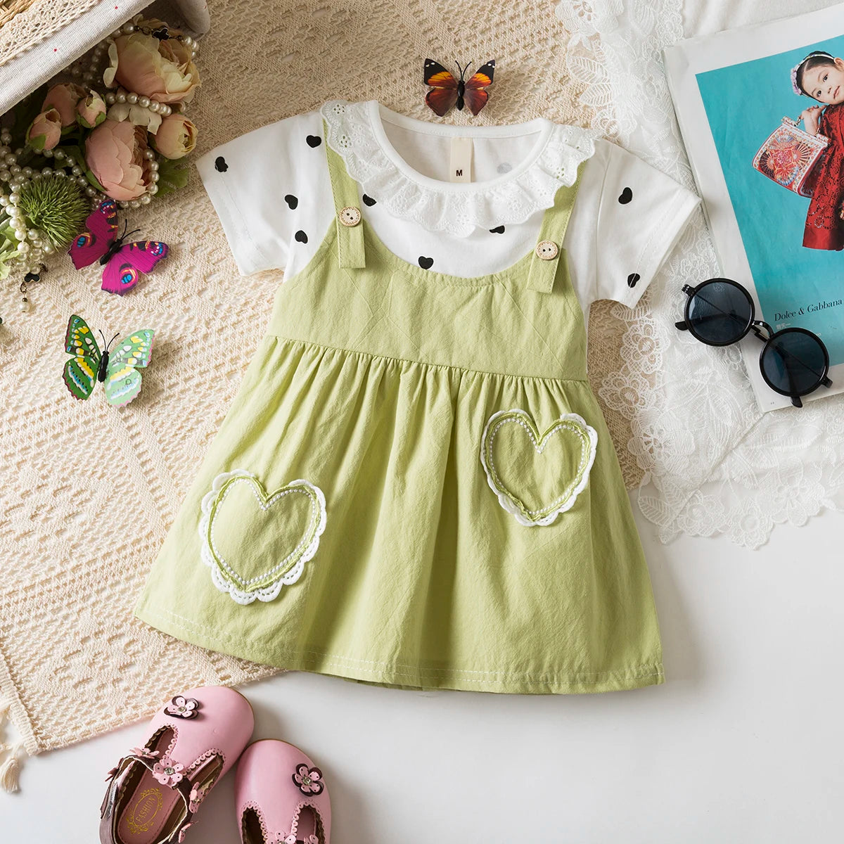 Vestido de Bebé Menina de Verão Amor e Padrão de Bolinhas Gola de Boneca Vestidos de Bebé Fofos Casuais de Princesa para Menina