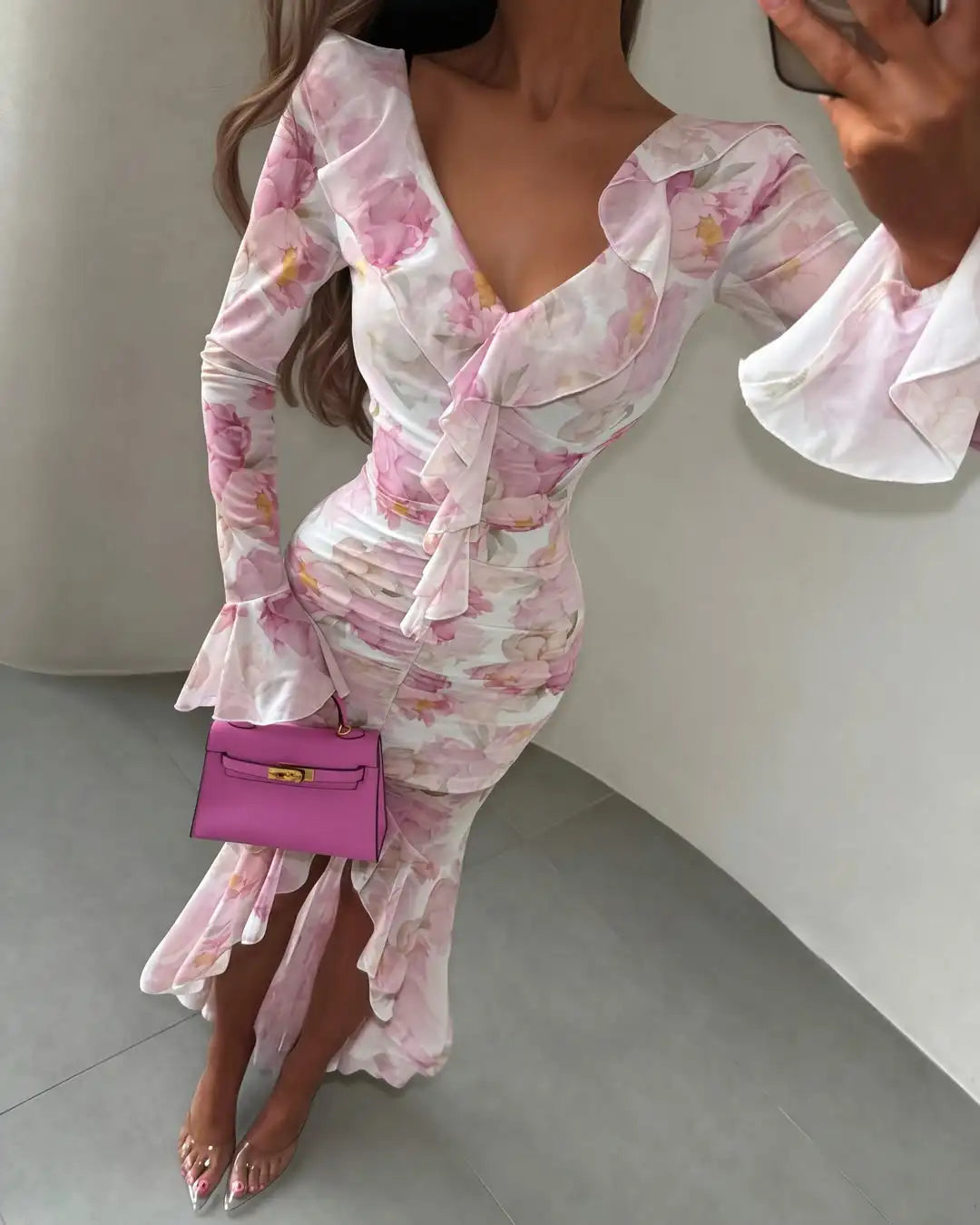 Women Orange Paisley Print Short Sleeve Maxi Dress Fashion V-neck Ruffle Trim Belted Slit Hem Dresses 2026 Lady Vacation Gown
