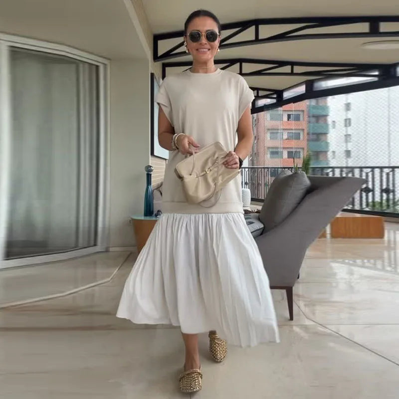 Women Dress Crew Neck Cap Sleeve Color Blocking Midi Dress Loose Fit Pleated Hem Casual Summer Streetwear Office Outfit Dresses