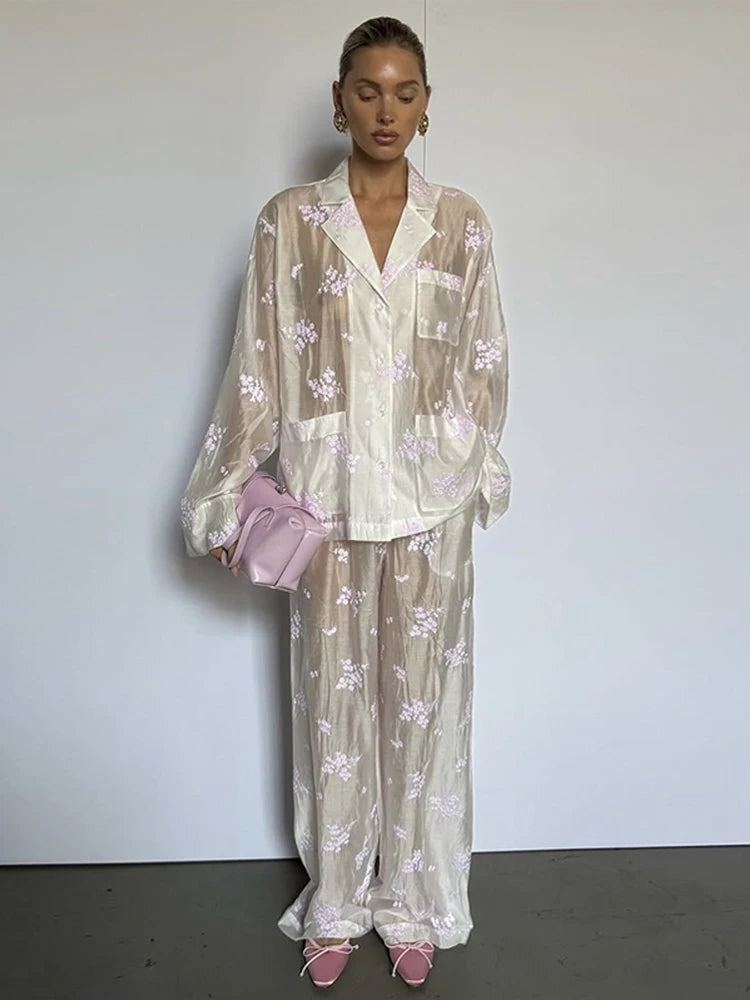 Conjunto de Calças e Top Estampado Sensual Mulheres Manga Comprida Gola, Transparente, Casaco de Botões, Calças Largas, Conjuntos Femininos Verão 2026, Fatos de Senhora