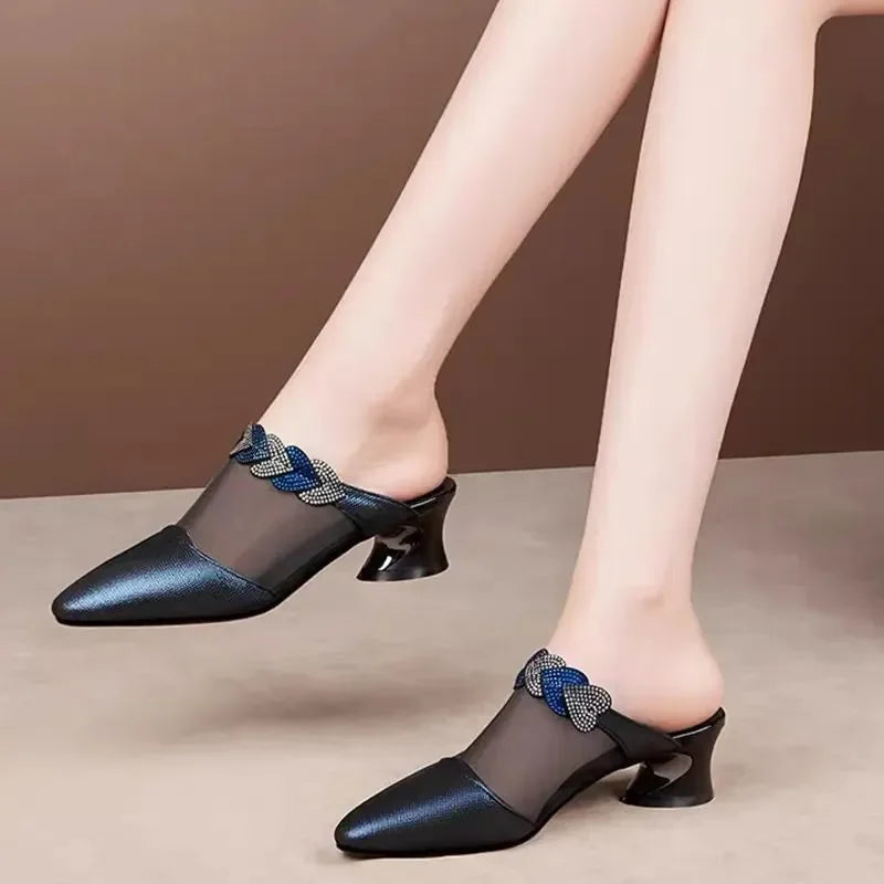 Cresfimix Sapatos Femininos Women Fashion Pointed Toe Mesh Transparent Summer Square Heels Lady Casual Sweet Heel Shoes A7016
