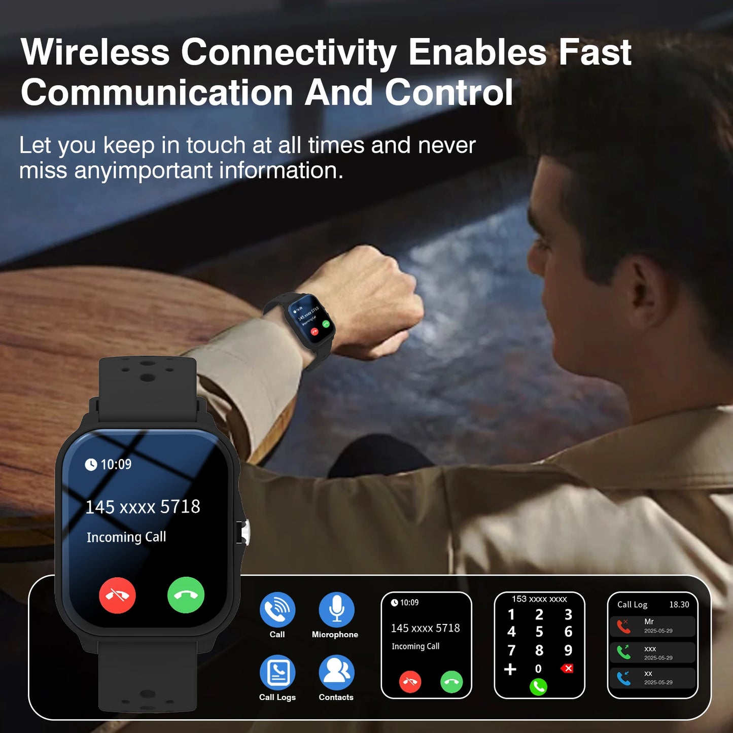 Smart Watch, Chamada/Marcação sem fios, Modo Multi-desportos, Vários Lembretes de Aplicações, Adequado para Homens e Mulheres, Compatível com IPhone/An