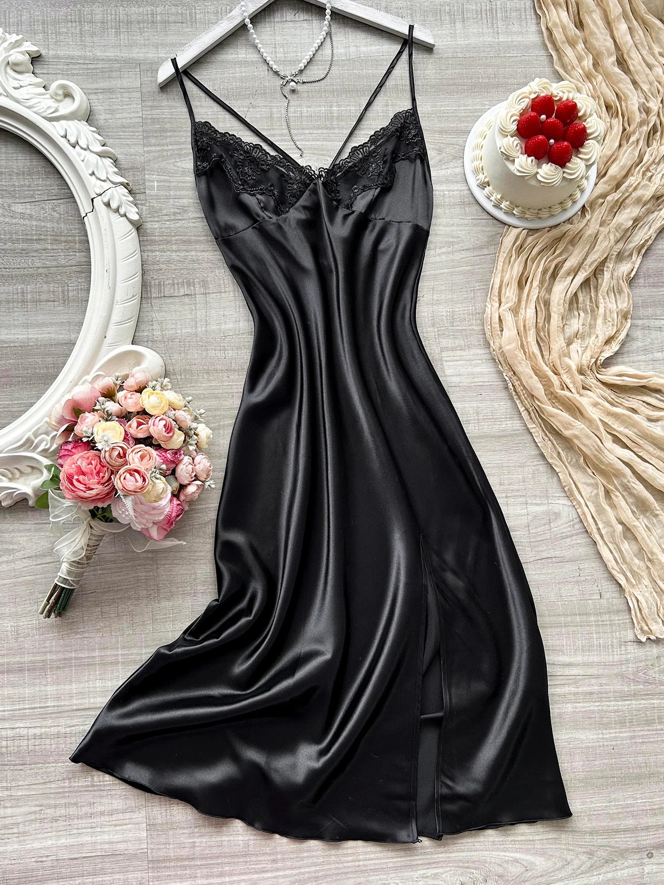New Sexy Women's Nightgown with Lace V Neck long halter dress Side Slit Backless Elegant and Fashionable Sleepwear for Home Use