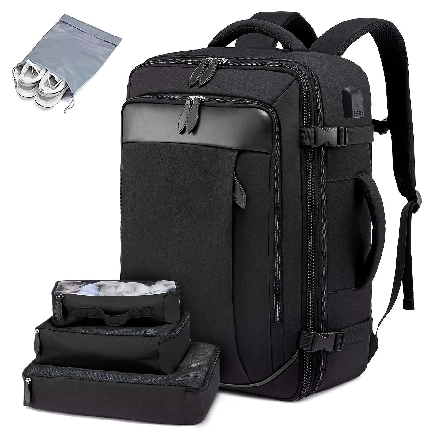 Mochila de viagem com porta de carregamento USB, vários sacos organizadores e compartimento para sapatos, mochila de bagagem de gr