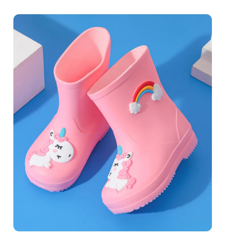 Botas de Chuva para Crianças Meninas Galochas Meninos PVC Quente Crianças Sapatos Impermeáveis Modis Desenho Animado Unicórnio Capa de algodão removível