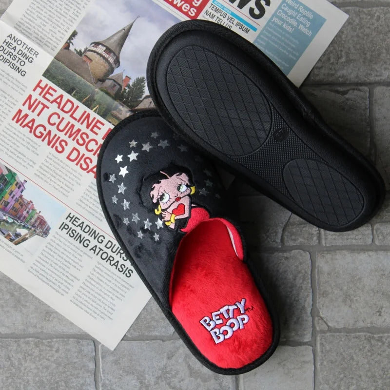Pantufas da Betty Boop Anime Mulher Peluche Chinelos Bonitos Desenhos Animados Confortáveis Quentes Sapatos de Casa Kawaii Antiderrapantes Sola Macia para Exterior