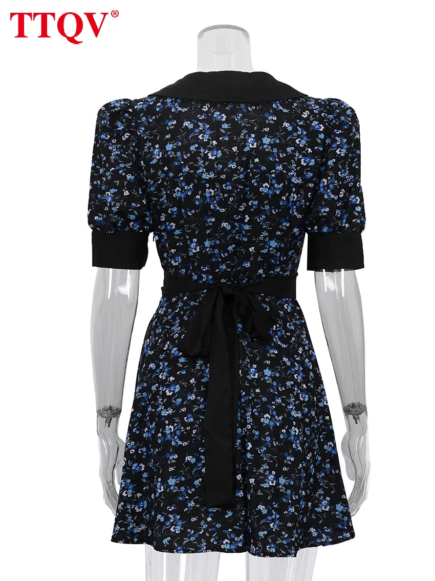 TTQV Moda Solta Impressão Vestido Feminino 2026 Verão Gola Curta Manga Mini Vestidos Senhora Elegante Clássico Cintura Alta Vestido Feminino