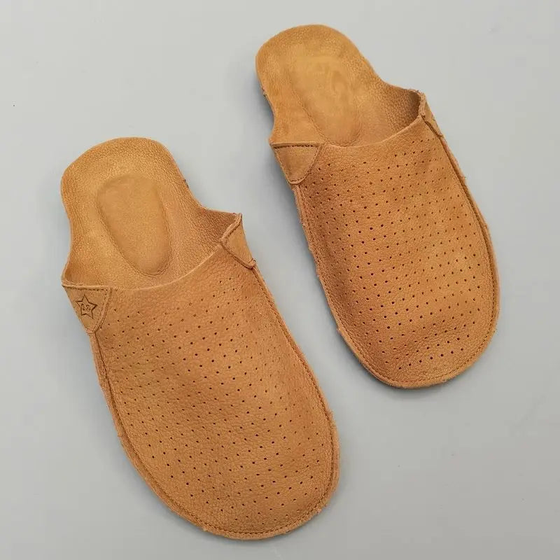 natural Leather mule slippers Men's summer Slippers Cowhide Hollow Breathable Soft Bottom Retro Handmade Cool Slipper Summer