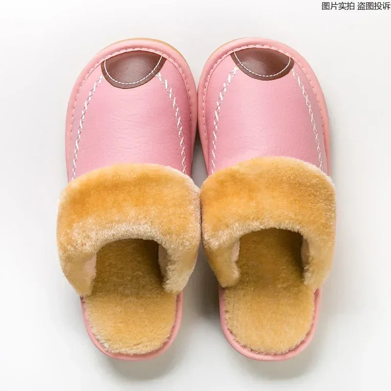 Men Slippers Black New Winter PU Leather Slippers Warm Indoor Slipper Waterproof Home House Shoes Men Warm Leather Slippers