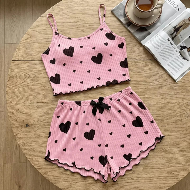 1 Sets Heart Print Bowknot Sleepwear Vest and Shorts Pajamas Set Women Ventilate Suspenders Loungewear Summer Casual Sleepwear