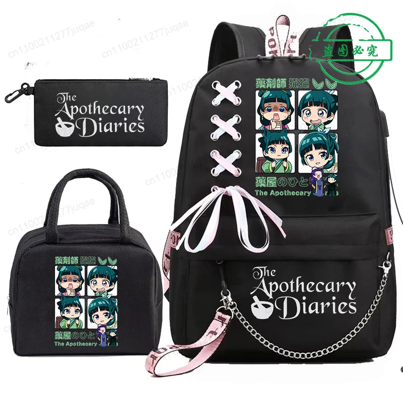Mochila Escolar Mochila de Estudante Adolescente Bolsa Escolar Os Diários da Boticária Maomao Anime com Lancheiras Portáteis 3 Peças