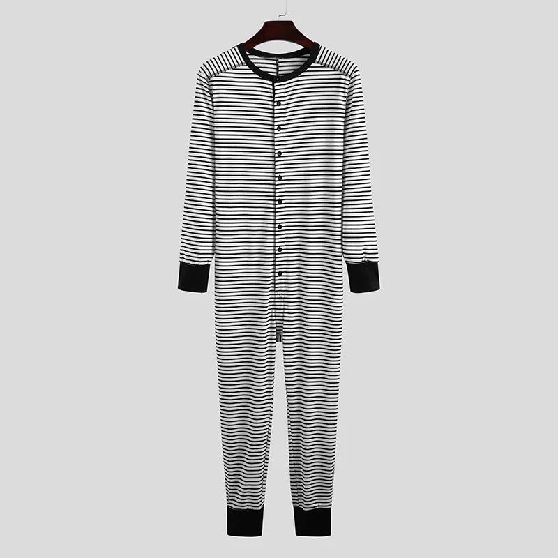 Spring Men O Neck One-piece Pajamas Long Sleeve Striped Daily Home Wear Rompers Slim-fit Button-down Cozy Sexy Tight Sleepwear
