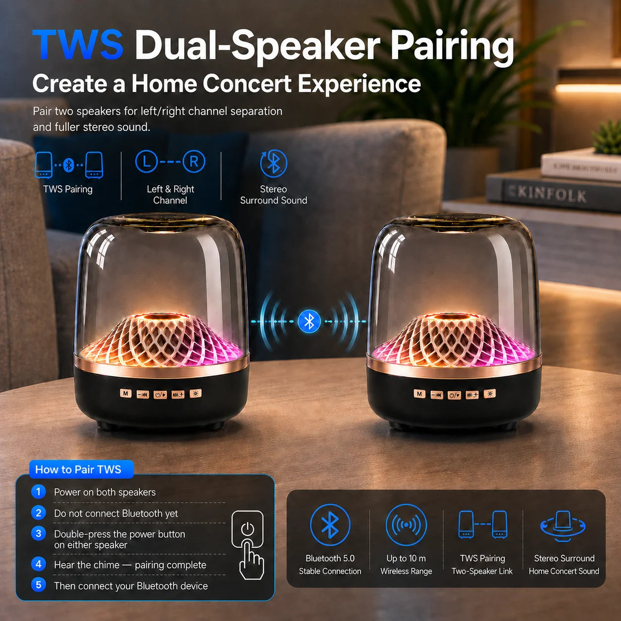 2026 Portable Wireless Soundbar Bluetooth 5.0 Home Theater TWS Speaker Hi-Fi Acoustic Breathing Lamp Subwoofer for Android & IOS