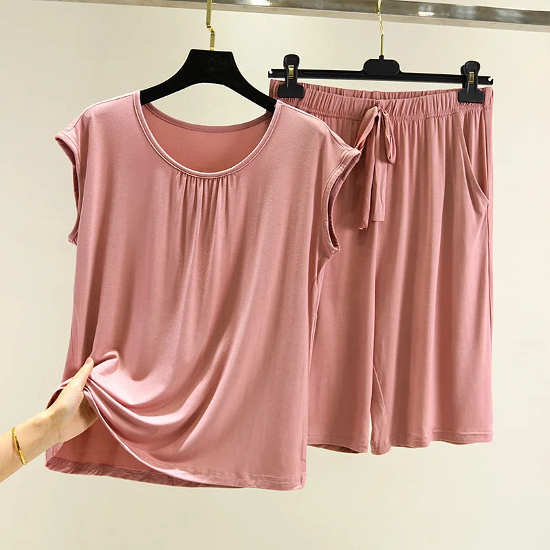 Modal O Neck Sleeveless Shirt + Pant Suit Women's Summer Loose Large Size Pajamas Female Sleepwear Pijamas Casual Two-Piece Set