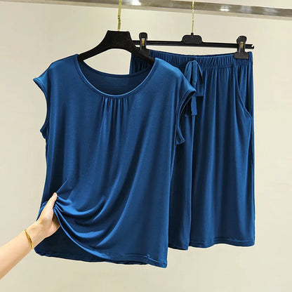 Modal O Neck Sleeveless Shirt + Pant Suit Women's Summer Loose Large Size Pajamas Female Sleepwear Pijamas Casual Two-Piece Set