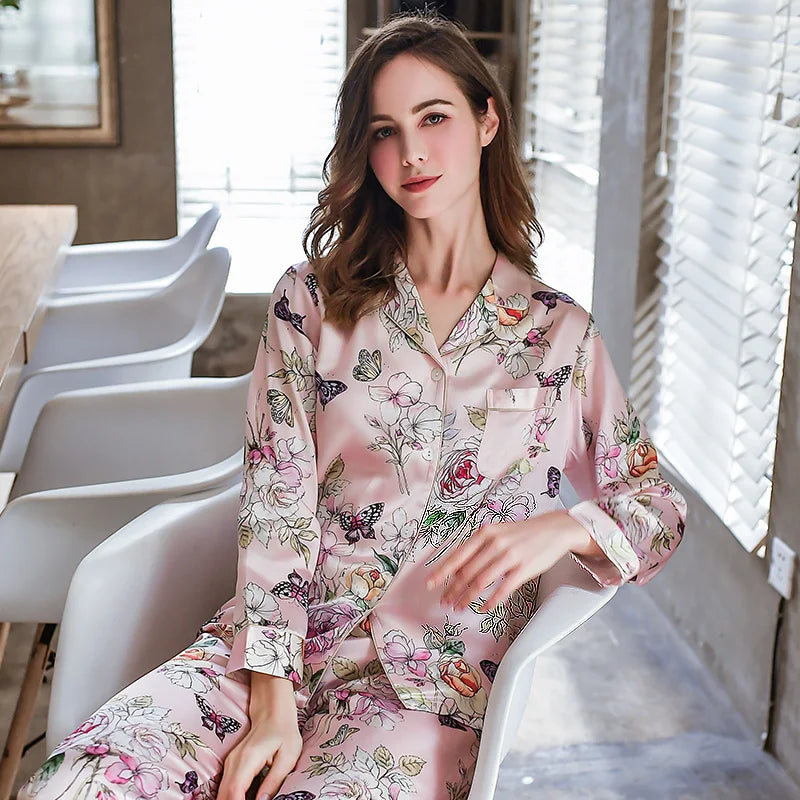 Fimtairah 6A 22MM  100% Mulberry Silk Pajamas Women Real Silk Pajama Sets Sleepwear Floral Printed Flower Long Sleeve Pyjamas