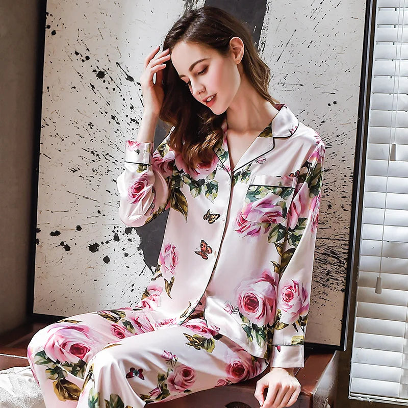Fimtairah 6A 22MM  100% Mulberry Silk Pajamas Women Real Silk Pajama Sets Sleepwear Floral Printed Flower Long Sleeve Pyjamas