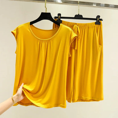 Modal O Neck Sleeveless Shirt + Pant Suit Women's Summer Loose Large Size Pajamas Female Sleepwear Pijamas Casual Two-Piece Set