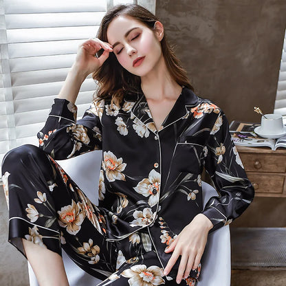 Fimtairah 6A 22MM  100% Mulberry Silk Pajamas Women Real Silk Pajama Sets Sleepwear Floral Printed Flower Long Sleeve Pyjamas