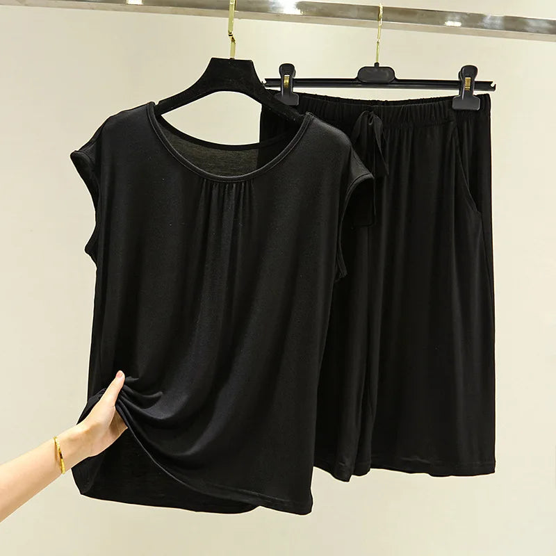 Modal O Neck Sleeveless Shirt + Pant Suit Women's Summer Loose Large Size Pajamas Female Sleepwear Pijamas Casual Two-Piece Set