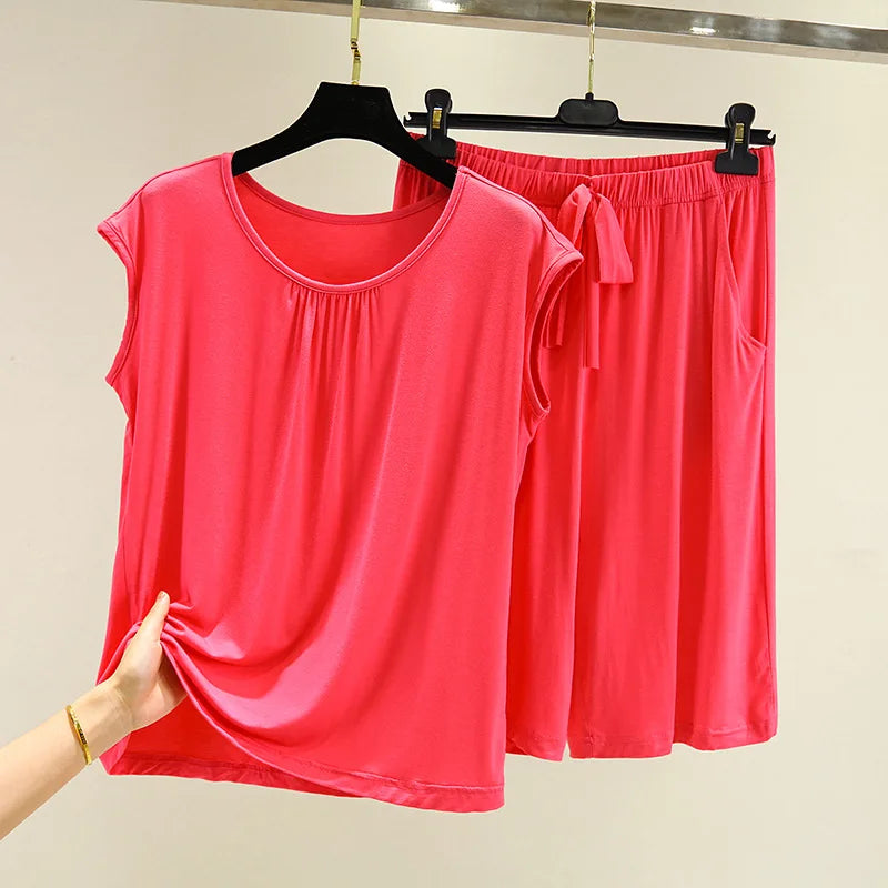 Modal O Neck Sleeveless Shirt + Pant Suit Women's Summer Loose Large Size Pajamas Female Sleepwear Pijamas Casual Two-Piece Set