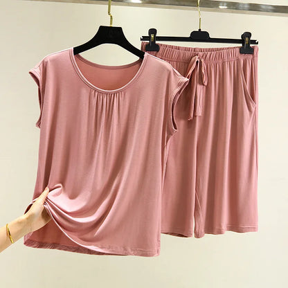 Modal O Neck Sleeveless Shirt + Pant Suit Women's Summer Loose Large Size Pajamas Female Sleepwear Pijamas Casual Two-Piece Set