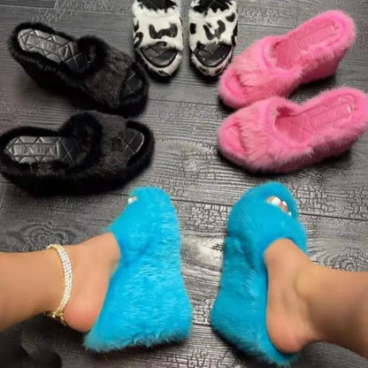 2025 Luxury new women feminine high-heeled fur drag outdoor all-match shoes slippers round head wedges with mink fur ms slippers