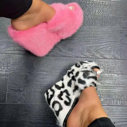 2025 Luxury new women feminine high-heeled fur drag outdoor all-match shoes slippers round head wedges with mink fur ms slippers