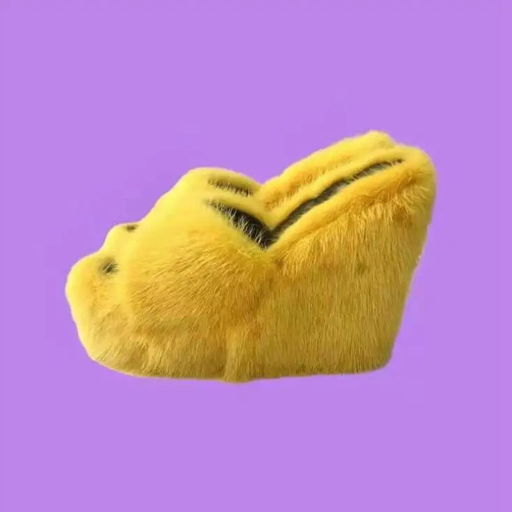 2025 Luxury new women feminine high-heeled fur drag outdoor all-match shoes slippers round head wedges with mink fur ms slippers