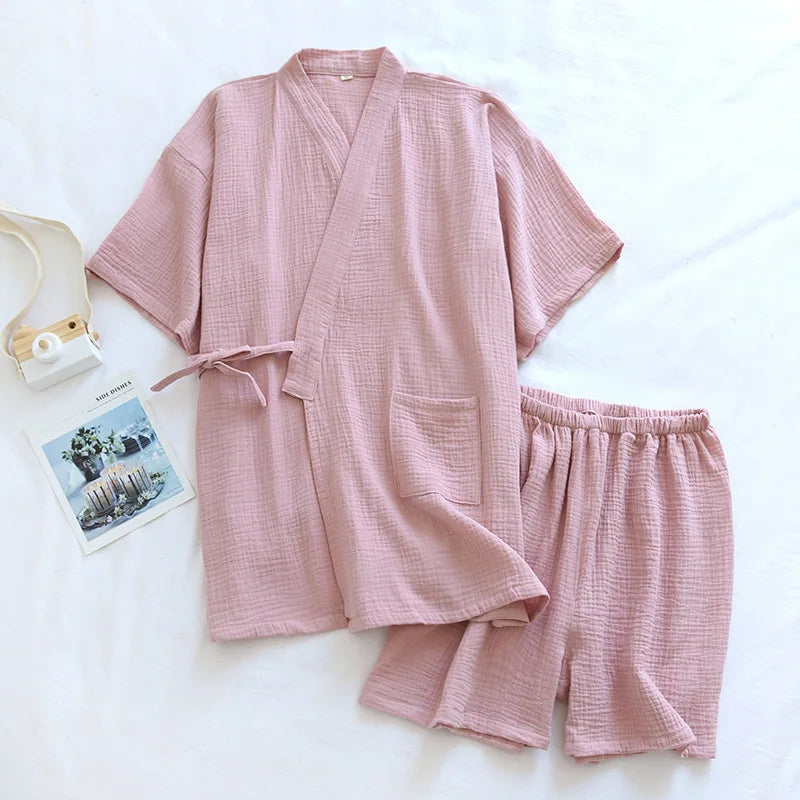 Summer Japanese Couples Pajamas Thin Cotton Gauze Crepe Short Sleeve Shorts Kimono Men and Women Home Clothes 2 Piece Sleepwear