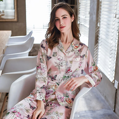 Fimtairah 6A 22MM  100% Mulberry Silk Pajamas Women Real Silk Pajama Sets Sleepwear Floral Printed Flower Long Sleeve Pyjamas