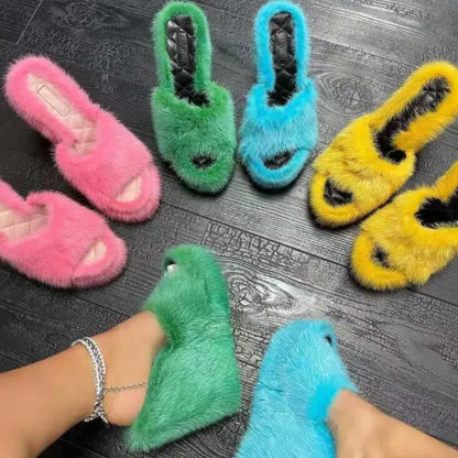 2025 Luxury new women feminine high-heeled fur drag outdoor all-match shoes slippers round head wedges with mink fur ms slippers