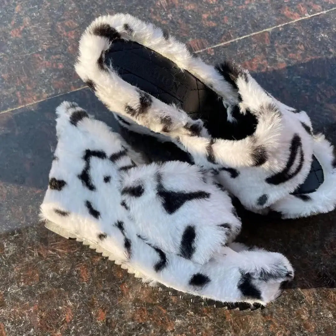 2025 Luxury new women feminine high-heeled fur drag outdoor all-match shoes slippers round head wedges with mink fur ms slippers
