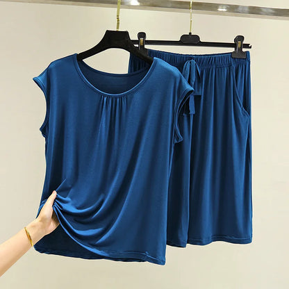 Modal O Neck Sleeveless Shirt + Pant Suit Women's Summer Loose Large Size Pajamas Female Sleepwear Pijamas Casual Two-Piece Set