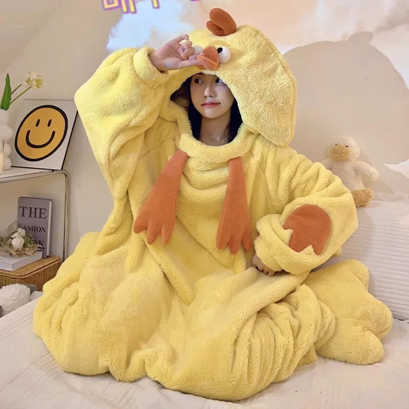 New Pajamas Cartoon Anime Sleepwear Little Yellow Chicken Bodysuit Coral Fleece Warm Comfortable Thicken Nightgown Homewear Robe