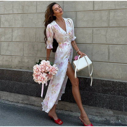 Vestido Elegante Estampado Feminino Decote em V Profundo Manga Comprida Cintura Marcada Vestidos Plissados 2026 Verão Senhora Férias Festa Vestidos