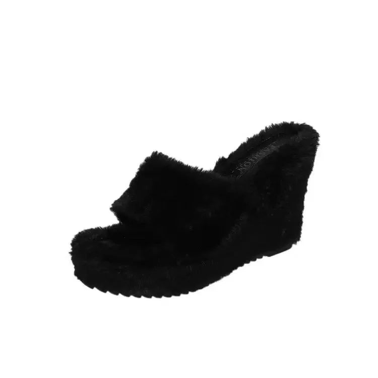 2025 Luxury new women feminine high-heeled fur drag outdoor all-match shoes slippers round head wedges with mink fur ms slippers