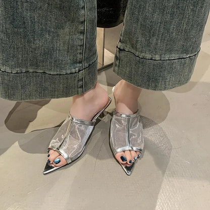2025Transparent Silk Gauze Mule Slides Woman Bling Lace Mesh Pointed Toe High Heel Slipper   Evening Party Pump Shoes