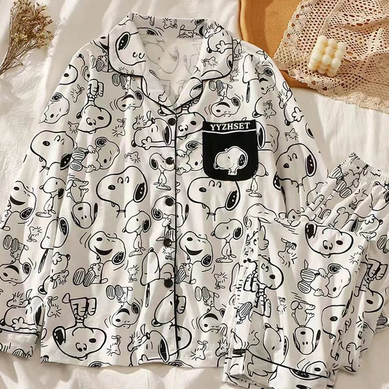 Snoopy Cartoon Spring Autumn Pajamas Long Sleeve Pants Summer Milk Silk Warm Home Clothes sleepwear Men's Women's Nightgown Gift