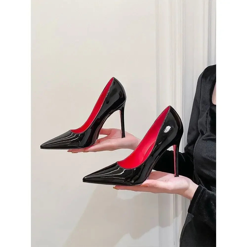 Red Sole High Heels Pointed Toe Sexy Stiletto Night Club Work Shoes Velvet Material Korean Style round Toe Rubber Outsole