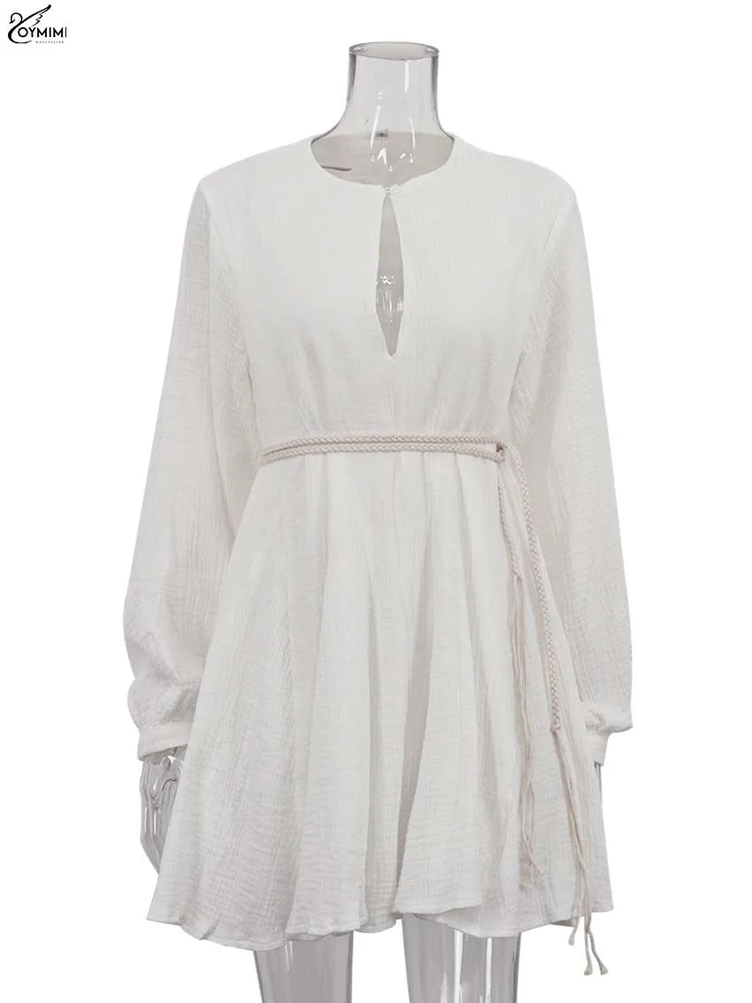 Oymimi Vestidos de Algodão Bege Elegantes para Mulher Moda Gola V Manga Comprida Vestidos com Atacadores Vestido Mini Plissado Casual Roupa de Rua