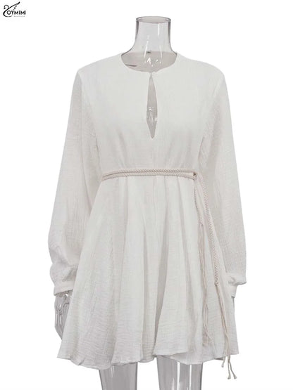 Oymimi Vestidos de Algodão Bege Elegantes para Mulher Moda Gola V Manga Comprida Vestidos com Atacadores Vestido Mini Plissado Casual Roupa de Rua