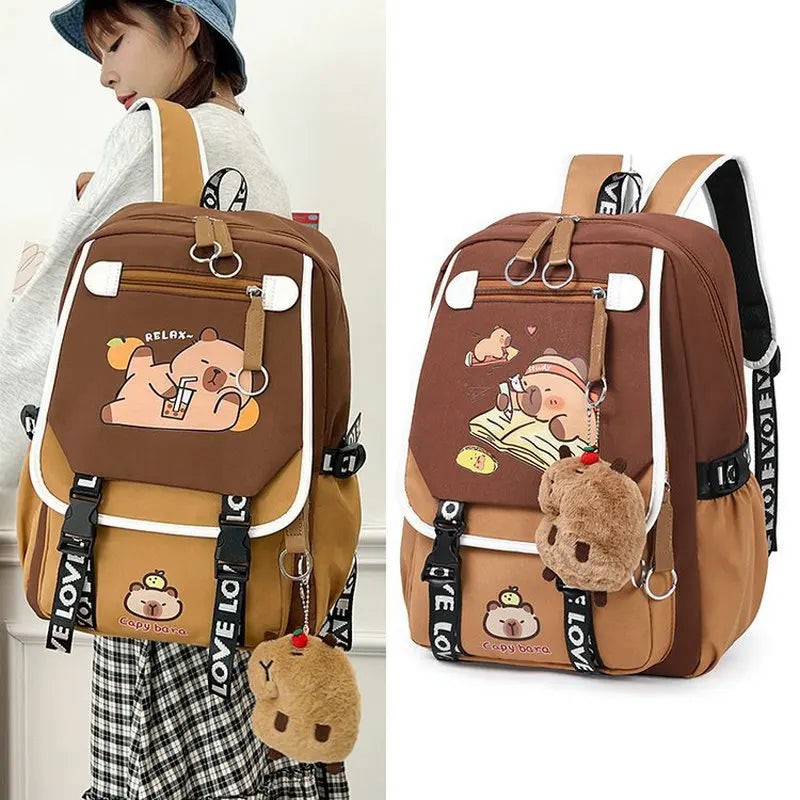 Capybara Backpacks Schoolbag for Teenage Waterproof Girls Boys Backpack Female Travel Bag Bookbag Mochila with Plush Keychain