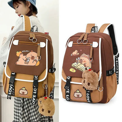 Capybara Backpacks Schoolbag for Teenage Waterproof Girls Boys Backpack Female Travel Bag Bookbag Mochila with Plush Keychain