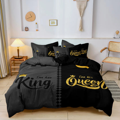 3pcs Black And Gray Crown Letter Duvet Cover Set (1 Duvet Cover + 2 Pillowcases), High-Definition Printing For Home And Dorm Use