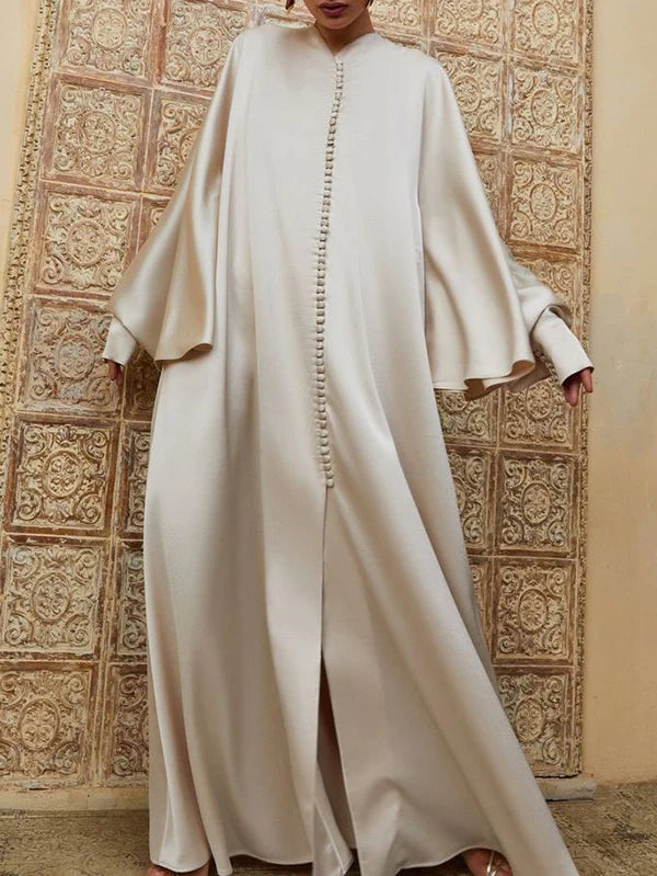 Vestido de Noite Comprido Mulher Muçulmana de Cor Sólida Gola Redonda Manga Comprida Asa de Morcego Solta com Abertura até ao Chão