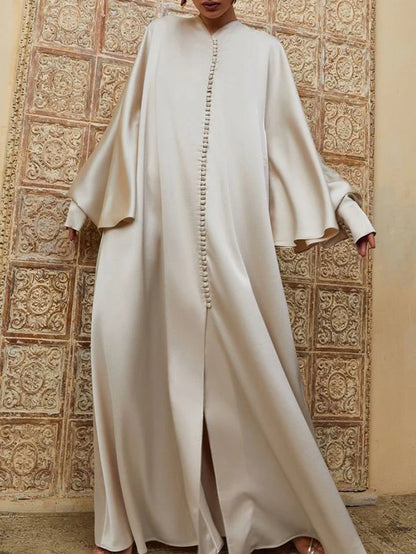 Vestido de Noite Comprido Mulher Muçulmana de Cor Sólida Gola Redonda Manga Comprida Asa de Morcego Solta com Abertura até ao Chão